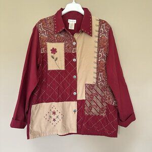 Vintage Patchwork Embroidered Button Shirt Jacket Shacket 14W Corduroy Fall Red
